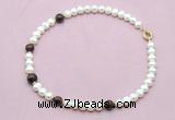 CFN749 9mm - 10mm potato white freshwater pearl & mahogany obsidian necklace