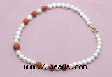 CFN755 9mm - 10mm potato white freshwater pearl & red jasper necklace