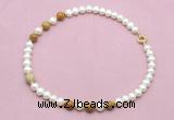 CFN758 9mm - 10mm potato white freshwater pearl & wooden jasper necklace