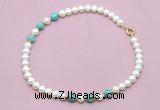 CFN762 9mm - 10mm potato white freshwater pearl & blue sea sediment jasper necklace