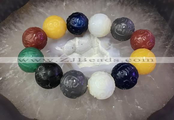 CGB3004 7.5 inches 20mm carved round mixed agate bracelet wholesale