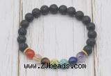 CGB6296 8mm black lava 7 chakra beaded mala stretchy bracelets