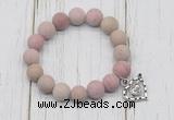 CGB6900 10mm, 12mm matte pink wooden jasper beaded bracelet with alloy pendant