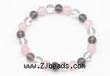 CGB8001 8mm white crystal, rose quartz & smoky quartz beaded stretchy bracelets