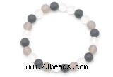 CGB8085 8mm matte white crystal, black agate & grey agate beaded stretchy bracelets