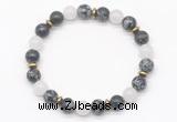 CGB8123 8mm snowflake obsidian, white jade & hematite power beads bracelet