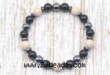 CGB8370 8mm white fossil jasper, black onyx & hematite energy bracelet