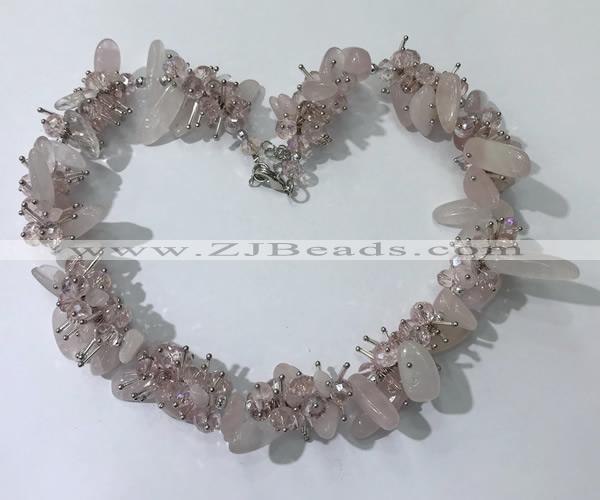 CGN400 19.5 inches chinese crystal & rose quartz chips beaded necklaces