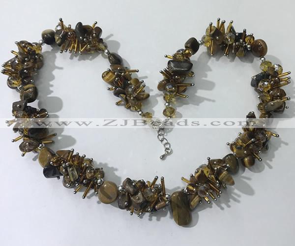 CGN416 19.5 inches chinese crystal & yellow tiger eye chips beaded necklace