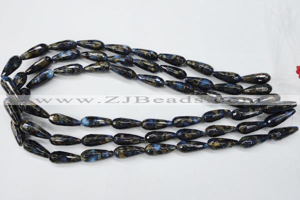 CGO194 15.5 inches 10*30mm faceted teardrop gold blue color stone beads