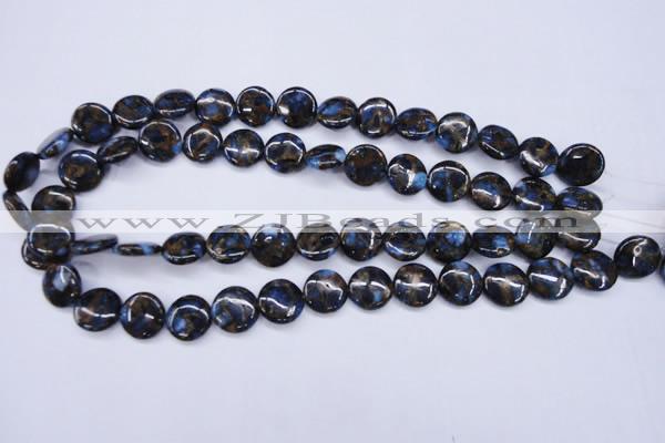 CGO201 15.5 inches 14mm flat round gold blue color stone beads