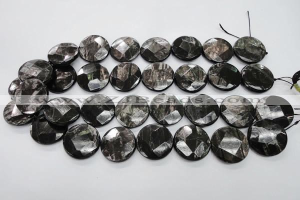 CHS22 15.5 inches 25mm faceted coin natural hypersthene beads