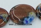 CLG555 16 inches 20mm flat round goldstone & lampwork glass beads
