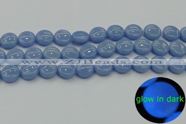 CLU133 15.5 inches 14mm flat round blue luminous stone beads