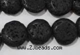 CLV498 15.5 inches 16mm flat round black lava beads wholesale