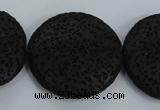 CLV51 15.5 inches 32mm flat round black natural lava beads wholesale