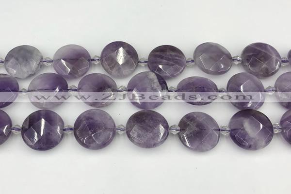 CNA1204 15.5 inches 20mm faceted coin amethyst beads wholesale