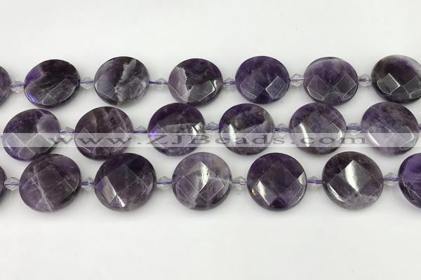 CNA1205 15.5 inches 20mm faceted coin amethyst gemstone beads