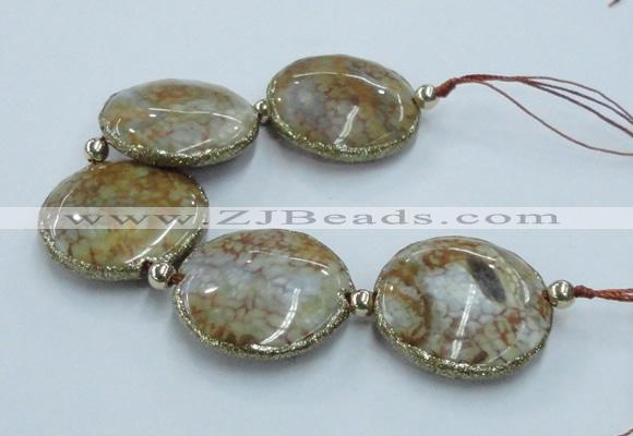 CNG2305 7.5 inches 35mm flat round agate beads with brass setting