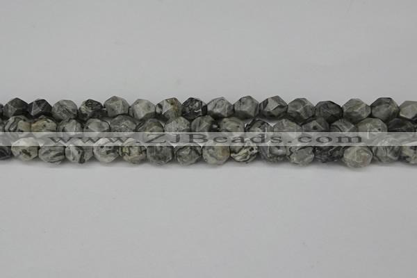 CNG6127 15.5 inches 8mm faceted nuggets grey picture jasper beads