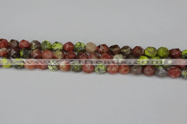 CNG6193 15.5 inches 10mm faceted nuggets red plum blossom jade beads
