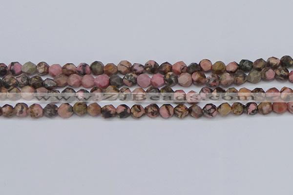 CNG6252 15.5 inches 6mm faceted nuggets rhodonite beads