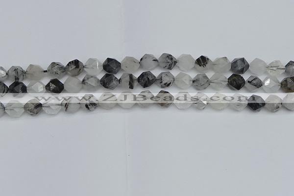 CNG7246 15.5 inches 8mm faceted nuggets black rutilated quartz beads
