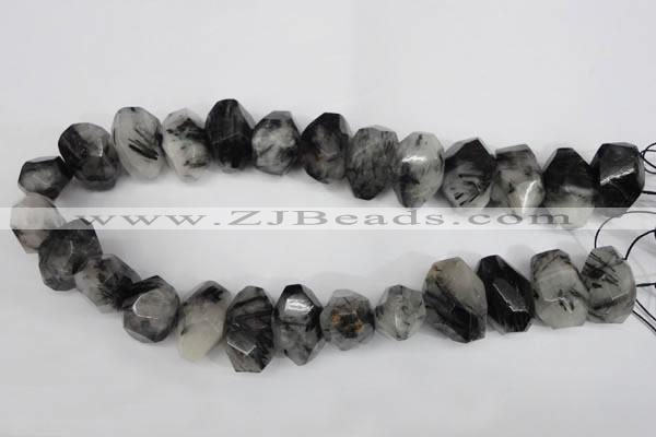 CNG857 15.5 inches 14*22mm faceted nuggets black rutilated quartz beads
