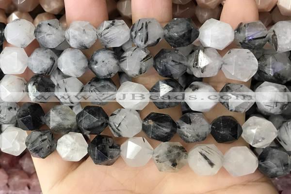 CNG8735 15.5 inches 12mm faceted nuggets black rutilated quartz beads