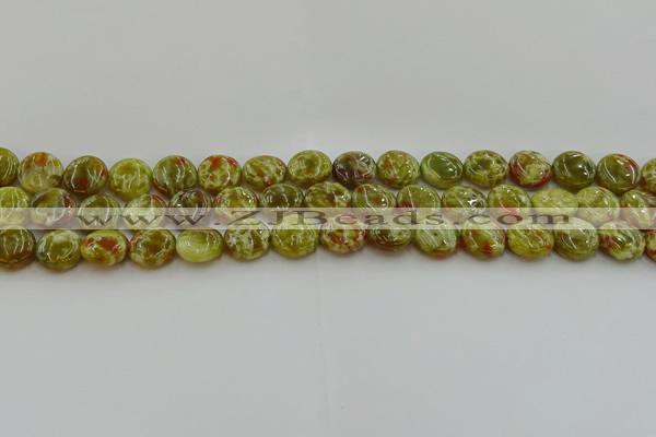 CNS622 15.5 inches 10mm flat round green dragon serpentine jasper beads