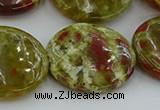CNS628 15.5 inches 30mm flat round green dragon serpentine jasper beads