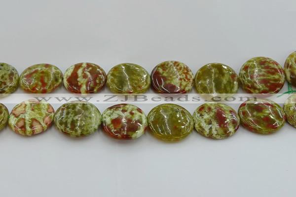 CNS628 15.5 inches 30mm flat round green dragon serpentine jasper beads