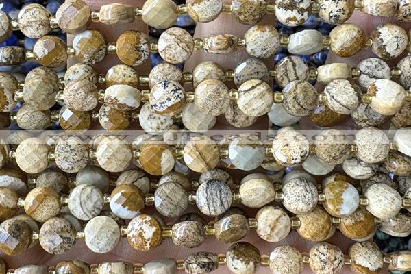 COIN146 15 inches 6mm faceted coin picture jasper beads