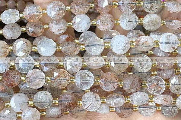 COIN224 15 inches 8mm faceted coin rutilated quartz beads