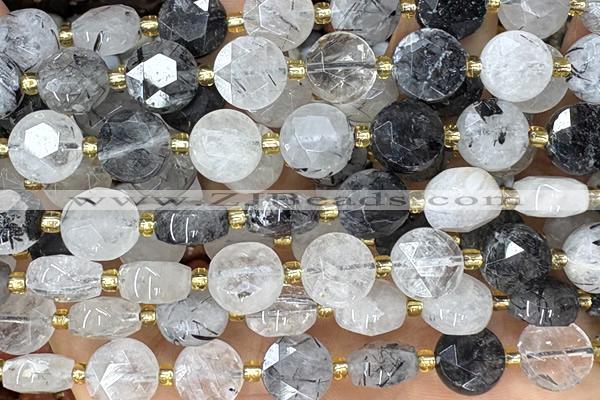 COIN279 15 inches 10mm faceted coin black rutilated quartz beads