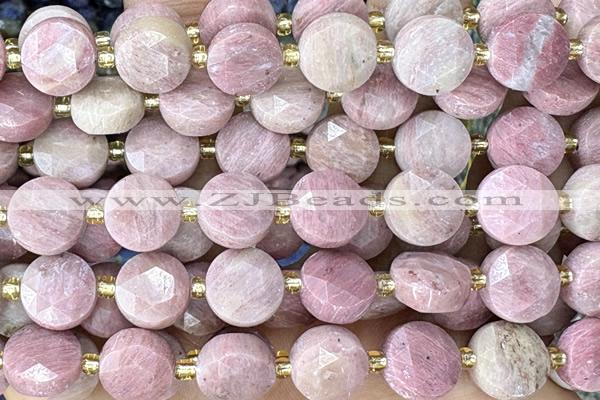 COIN282 15 inches 10mm faceted coin pink wooden jasper gemstone beads