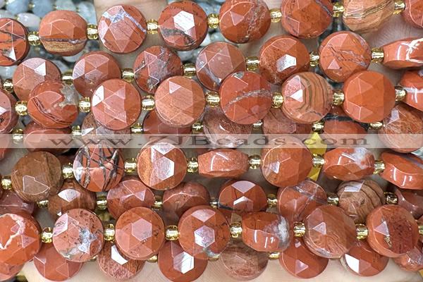 COIN293 15 inches 10mm faceted coin red jasper gemstone beads