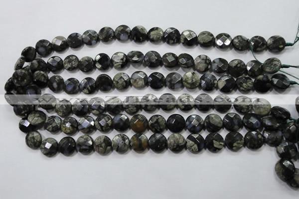 COP481 15.5 inches 12mm faceted coin natural grey opal beads