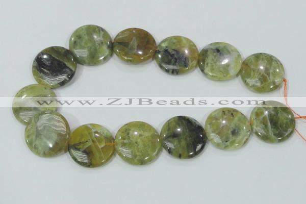 COP559 15.5 inches 30mm flat round natural yellow & green opal beads