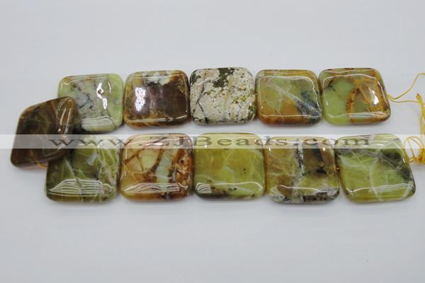 COP583 15.5 inches 35*35mm square natural yellow & green opal beads