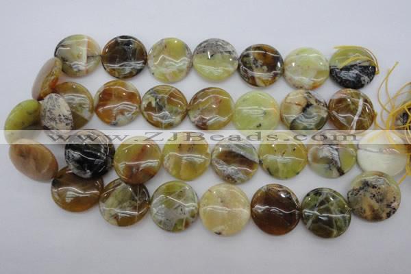 COP596 15.5 inches 25mm flat round natural yellow & green opal beads