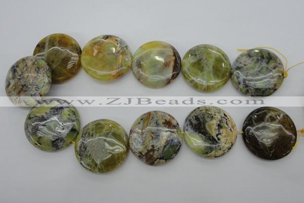 COP597 15.5 inches 35mm flat round natural yellow & green opal beads