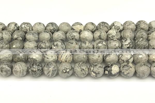 CPJ727 15 inches 10mm faceted round grey picture jasper beads