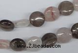 CPQ101 10mm flat round natural pink crystal & smoky quartz beads