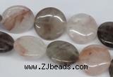 CPQ102 16mm flat round natural pink crystal & smoky quartz beads