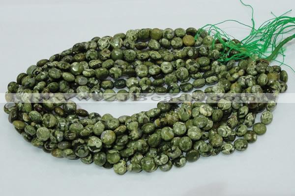 CPS35 15.5 inches 10mm flat round green peacock stone beads