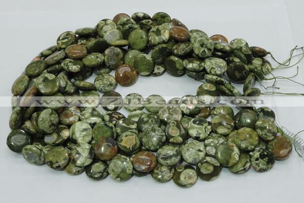 CPS36 15.5 inches 12mm flat round green peacock stone beads