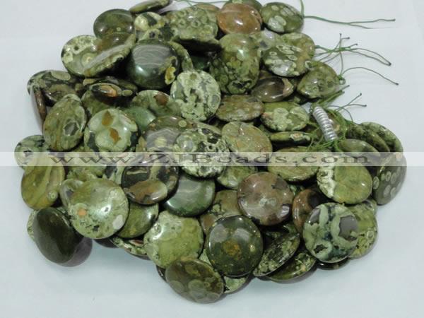 CPS38 15.5 inches 18mm flat round green peacock stone beads