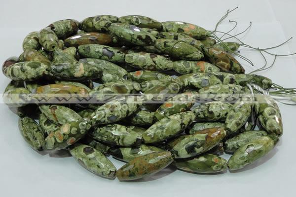 CPS72 15.5 inches 15*40mm faceted rice green peacock stone beads