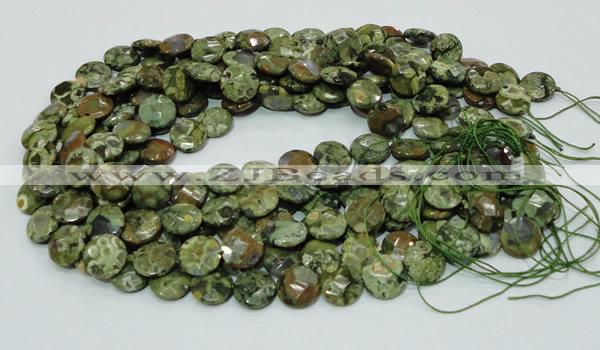 CPS84 15.5 inches 12mm faceted flat round green peacock stone beads